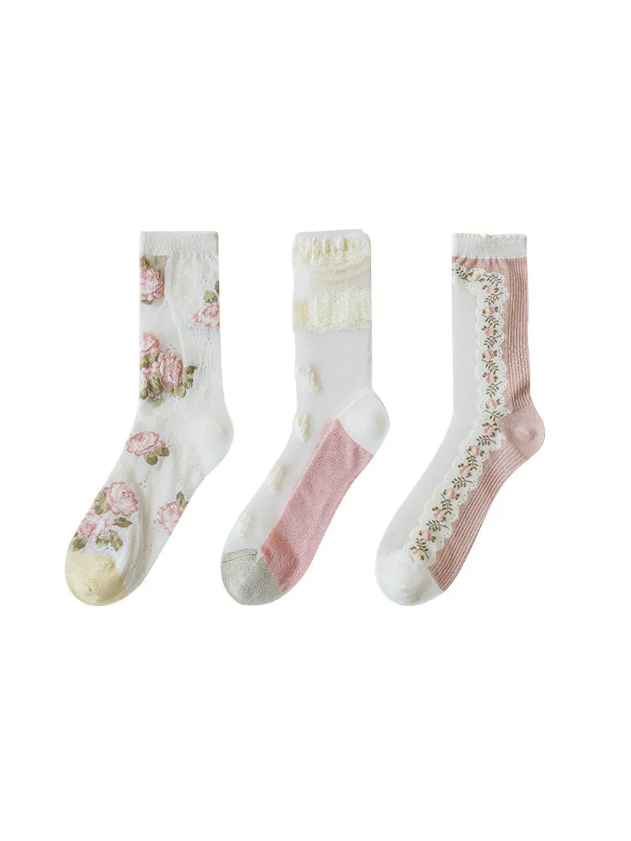 3 Pairs Women Artsy Thin Flower  Lace Socks