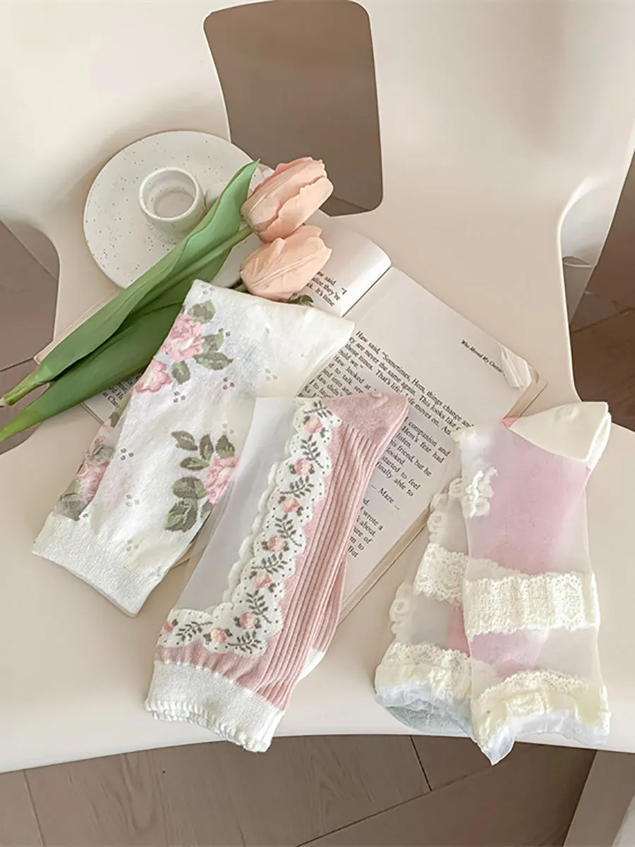 3 Pairs Women Artsy Thin Flower  Lace Socks