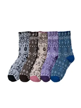 5  Pairs Women Vintage Flower Jacquard Socks