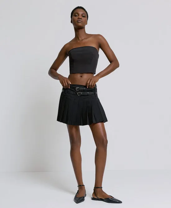 Access Fashion Black Pleated Skirts with Double Belts