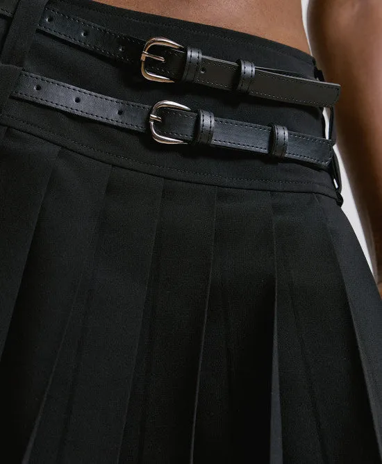 Access Fashion Black Pleated Skirts with Double Belts