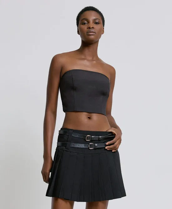 Access Fashion Black Pleated Skirts with Double Belts