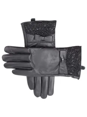 Black Faux Leather Gloves With Lace Cuff