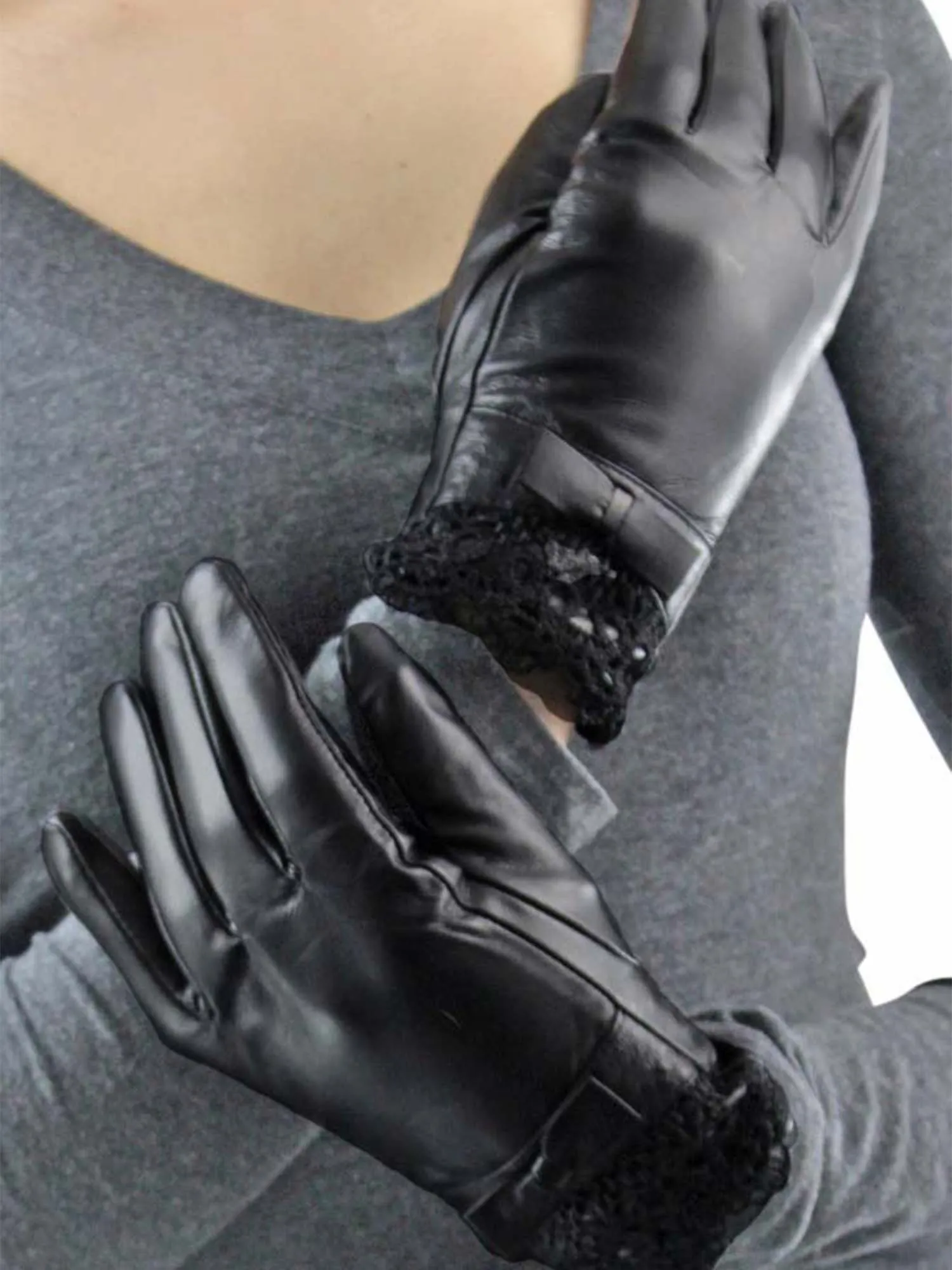 Black Faux Leather Gloves With Lace Cuff