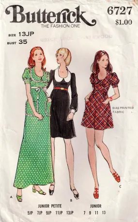 Butterick 6727 Junior Petite High Waisted Puff Sleeved Dress 1970s Vintage Sewing Pattern Bust 35 inches