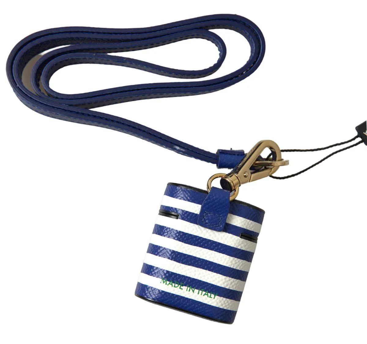 Dolce & Gabbana Blue Stripe Dauphine Leather Logo Print Strap Airpod Case