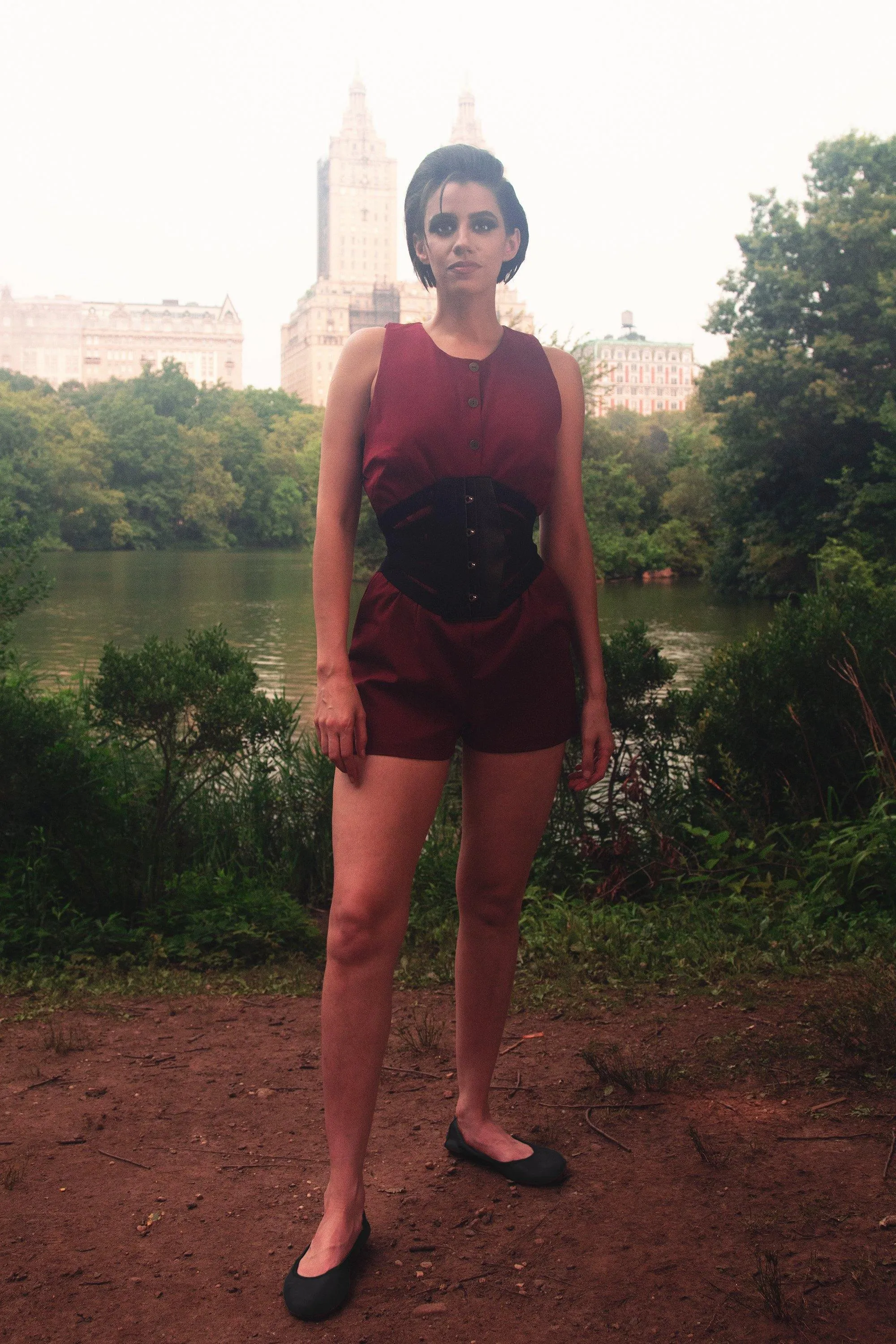 Final Sale - Edie Playsuit in Burgundy Stretch Gabardine | Laura Byrnes Design