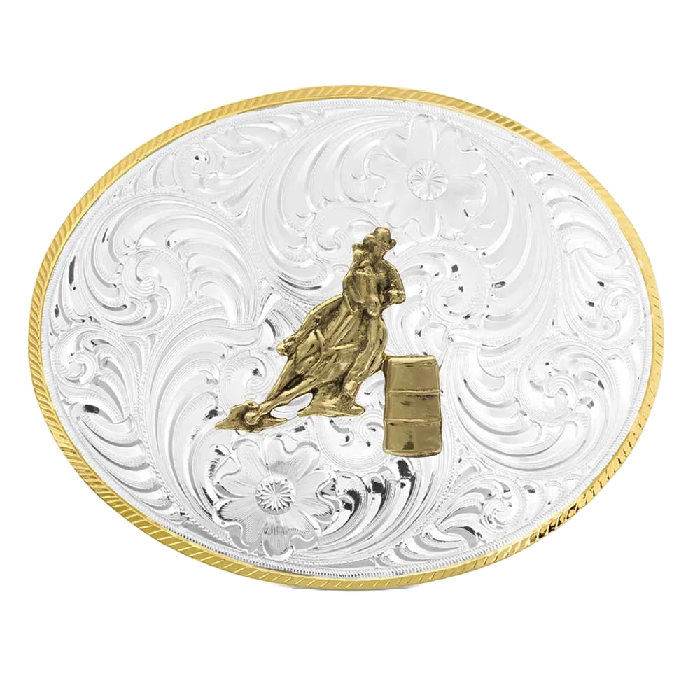 Montana Silversmiths Petite Two-Toned Engraved Buckle with Barrel Racer 5007-649