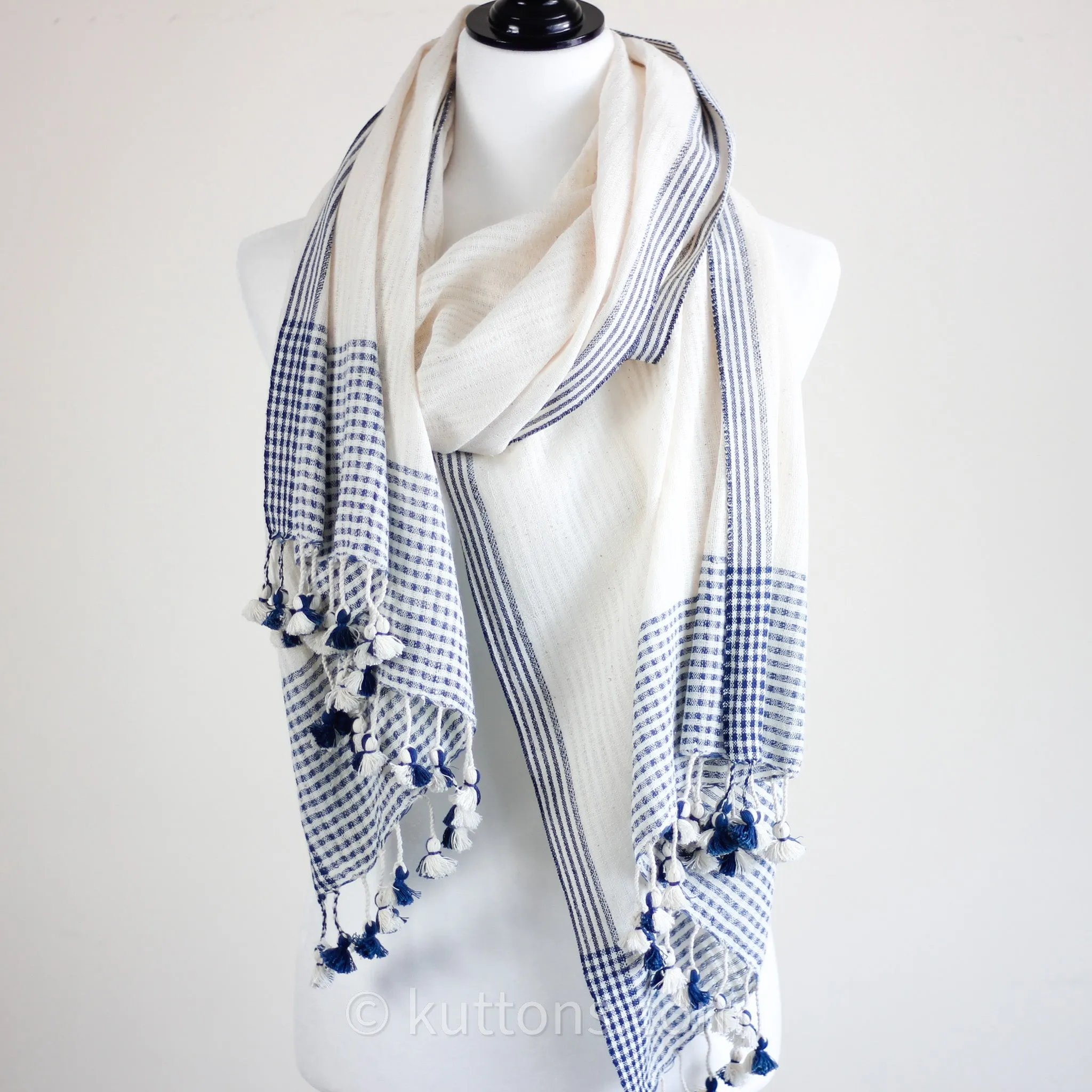 Organic Cotton Wrap, Dyed with Natural Dyes - Handspun & Handwoven by Women Weavers | White-Blue, 25x82"