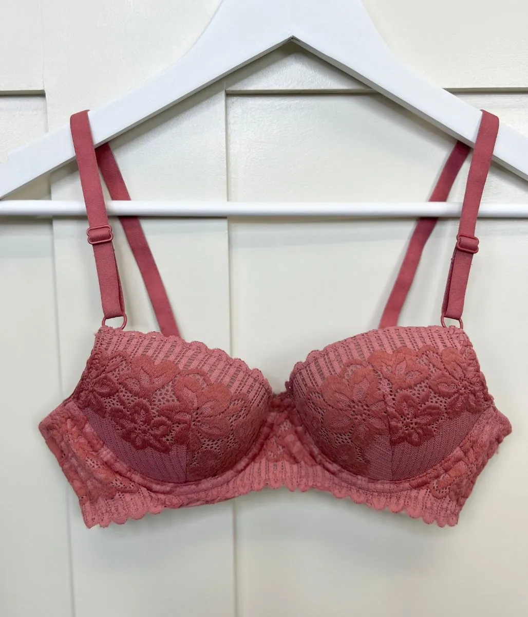 Pink Delicate Lace Padded Wired Bra