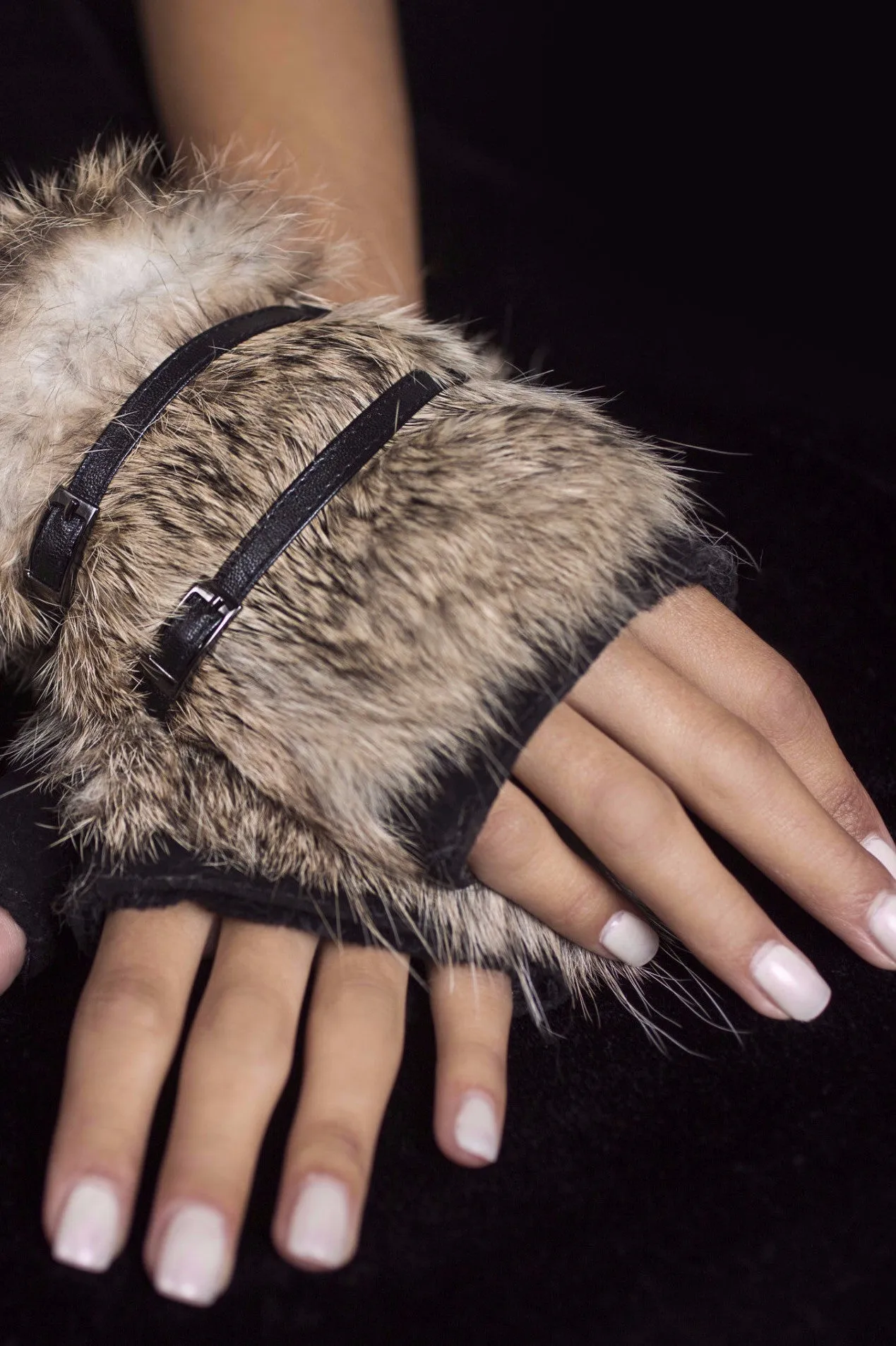 Rabbit Fur Fingerless Gloves with Buckle