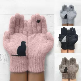 Stylish Cat and Bird Printed Knitted Cashmere Winter Gloves