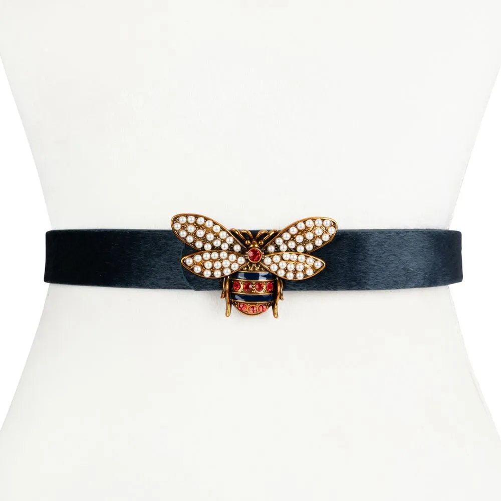 Vegan Pony Hair and Leather Waist Belt with Bee Buckle