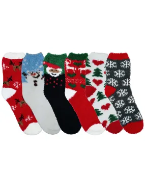 Womens 6-Pack Holiday Print Christmas Soft Fuzzy Slipper Socks