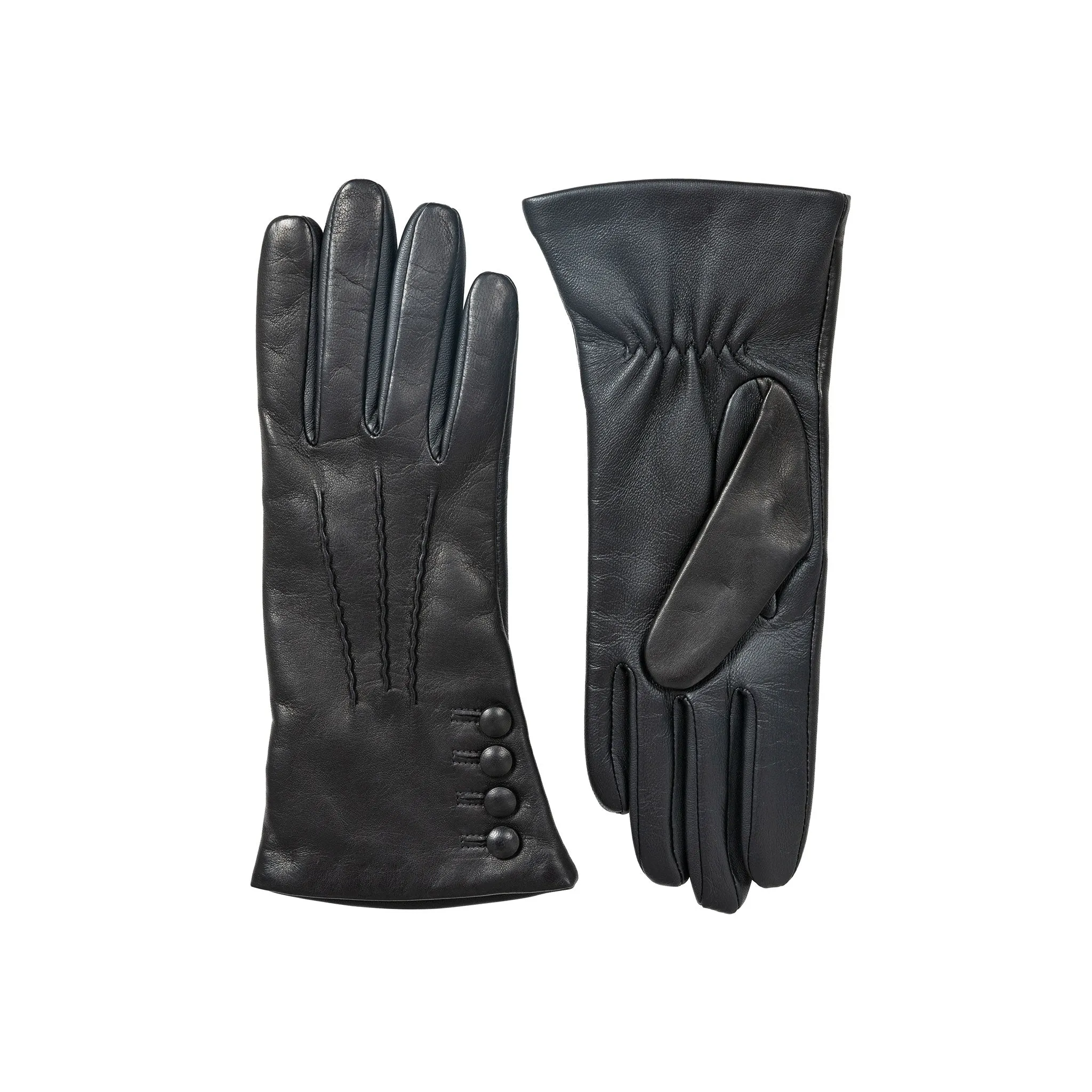 Women’s Touchscreen Three-Point Cashmere-Lined Leather Gloves with Buttons