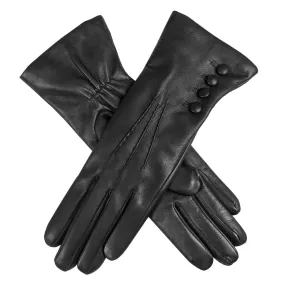 Women’s Touchscreen Three-Point Cashmere-Lined Leather Gloves with Buttons